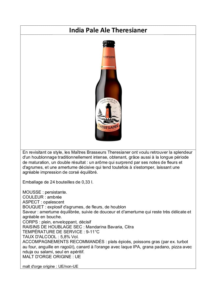 India Pale Ale Theresianer Italienisches Bier (24 flaschen 33 cl.)