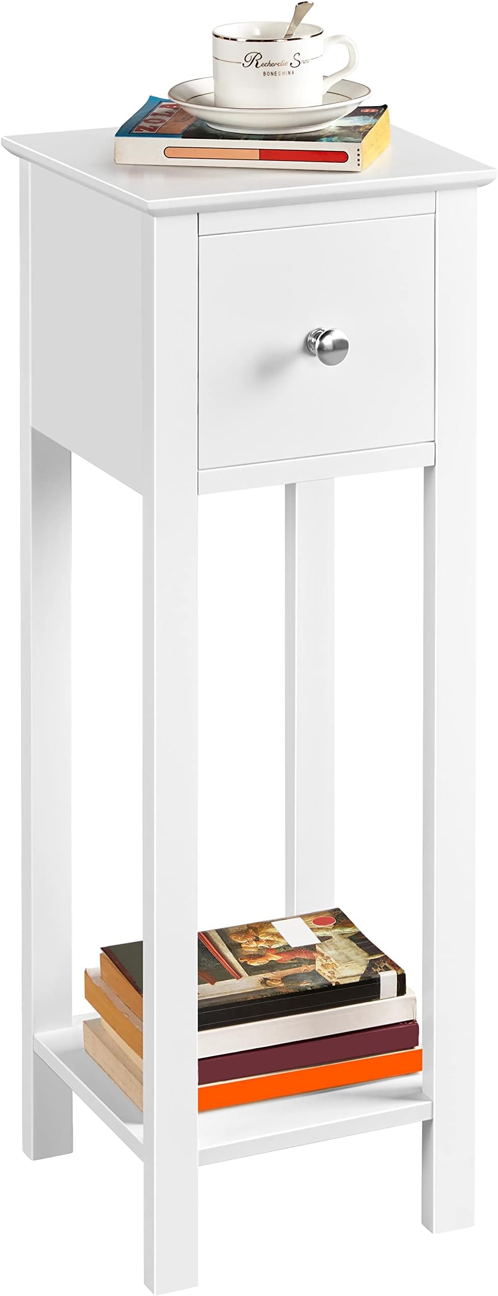 Yaheetech Wooden Slim Bedside Table Narrow Nightstand Side Table with Drawer and Shelf, Tall Telephone Bedside Cabinets for Bedroom Small Spaces Living Room, Accent Furniture, White, 25x25x70cm