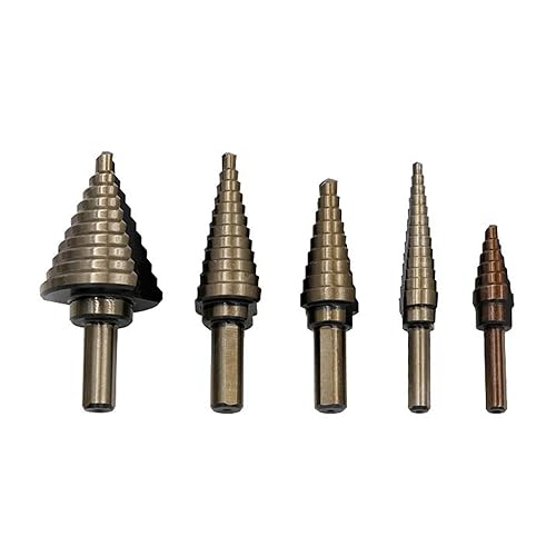 Miniatura 1 de Juego de 5 brocas escalonadas con revestimiento de titanio HSS  50 tamaños (0.157-1.378 in) con caja de aluminio y punzón central automático  Flauta