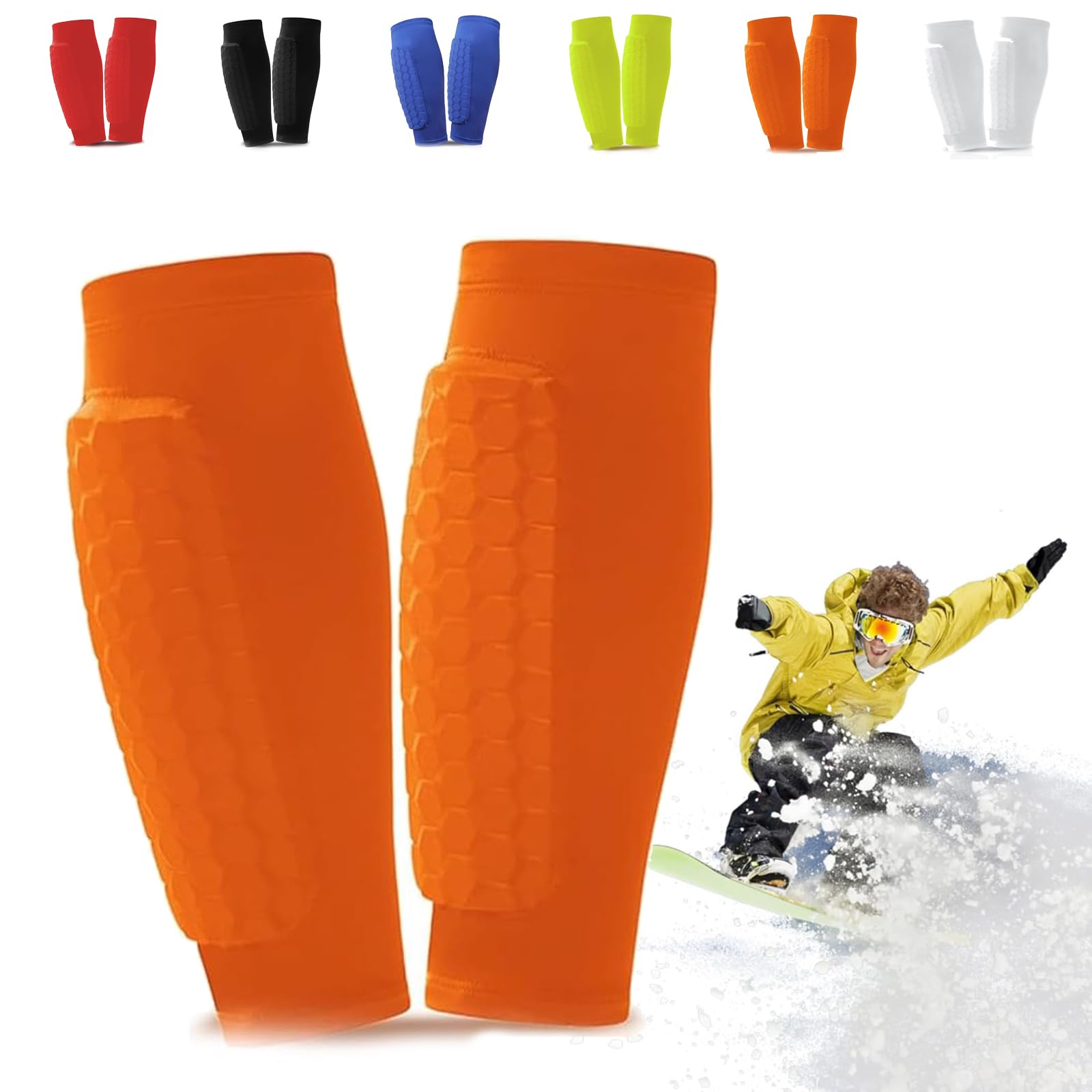 Ski Shin Guards Gel, Ski Guard Socks, Ski Guards Shin Pads, Shin Defender, Breathable Elastic Gel Guard for Skiing, Legs Protection, Safety Gear for Adults Sports (Orange, M)