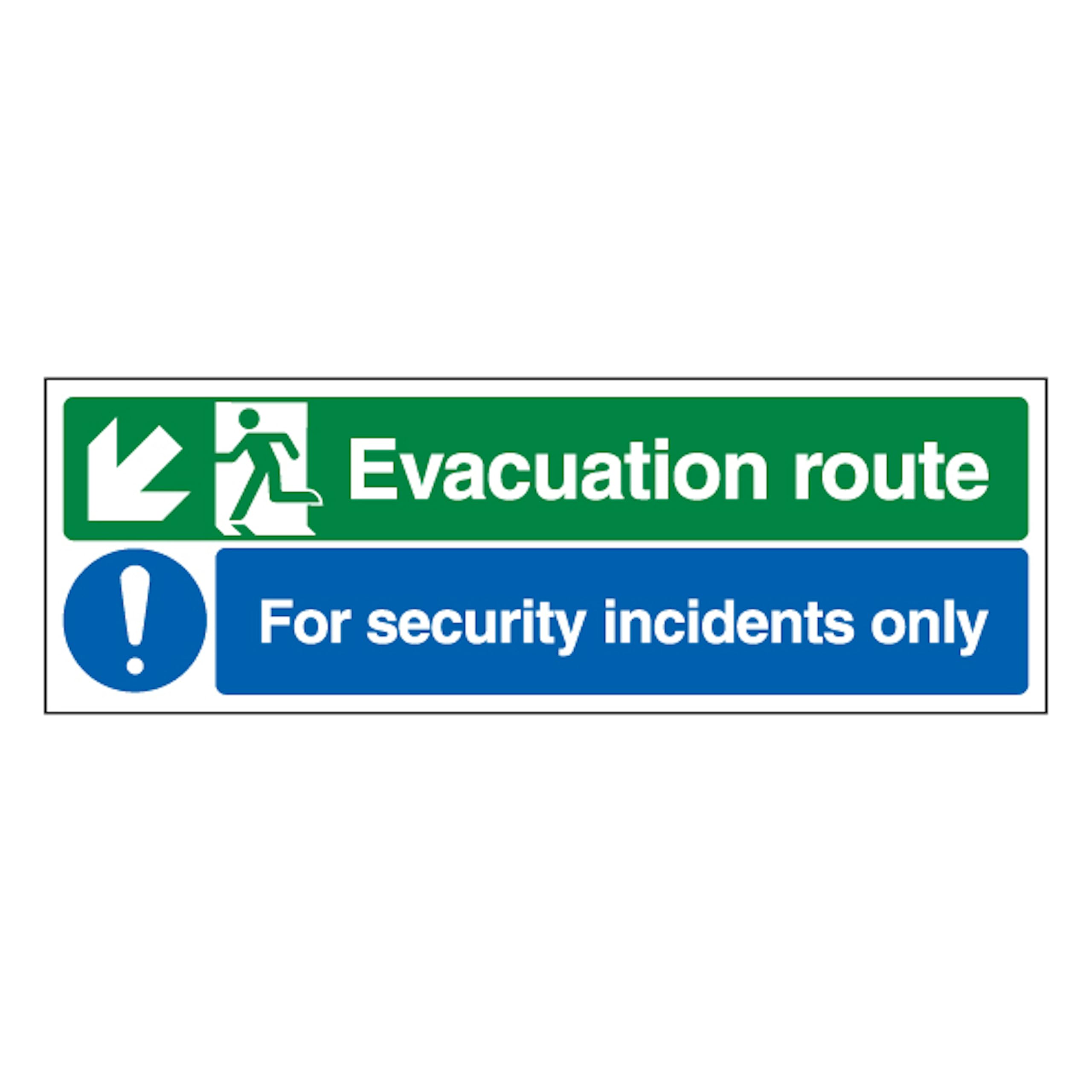 V Safety Evacuation Route Arrow Down Left/Security Incidents Only 450 x 150 mm - Perspex Clear Cast Acrylic Safety Sign