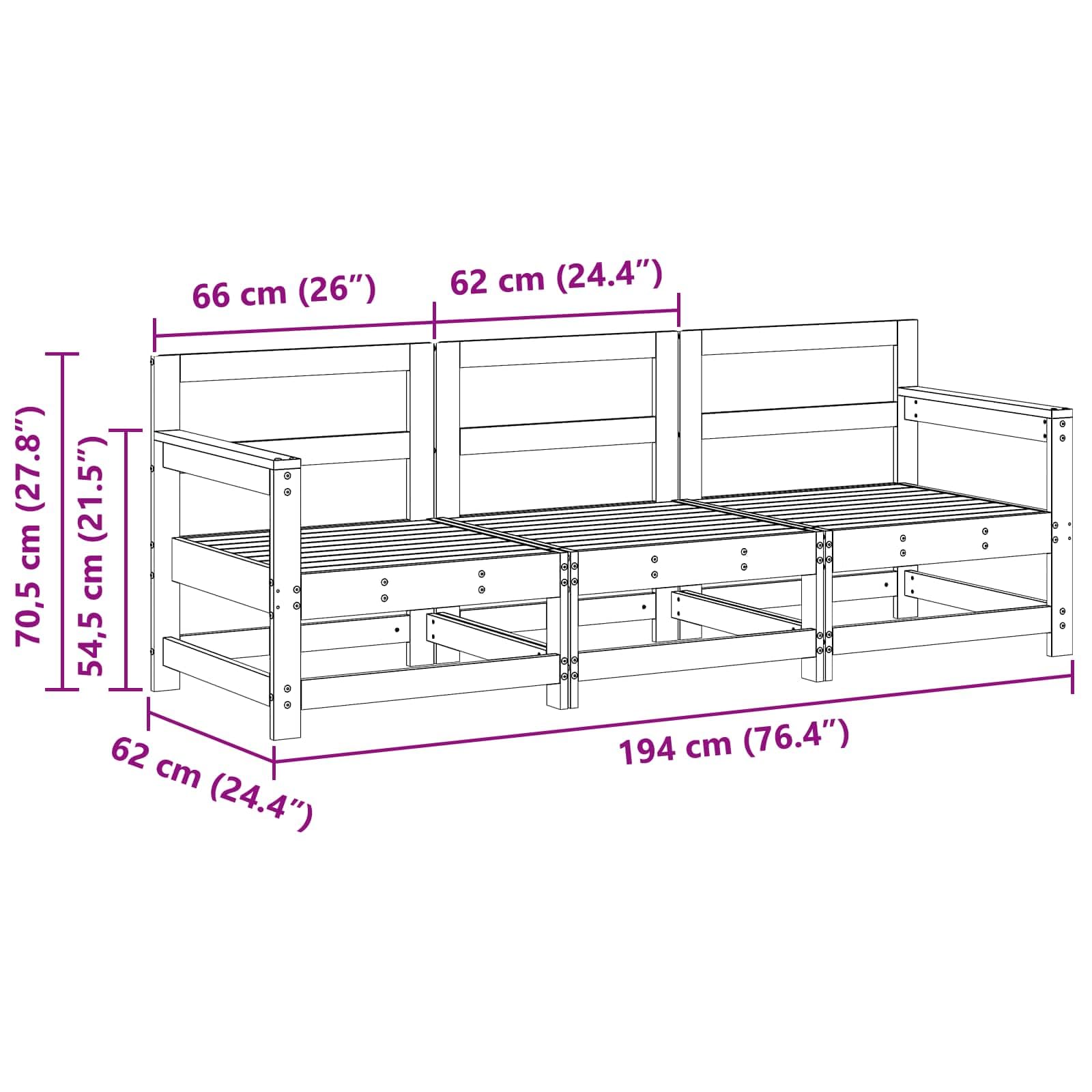 Sofá seccional, 3 unidades, color marrón cera, madera de pino maciza, elemento esquinero, parte central, muebles de salón, sofá ampliable para balcón, terraza, exterior, relajación