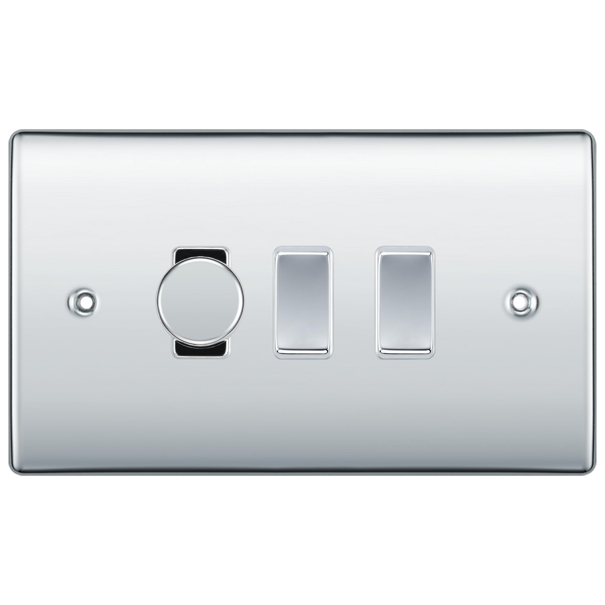 BG Polished Chrome 3 Gang Grid Switch 1x Trailing Edge LED Dimmer 2x 2 Way