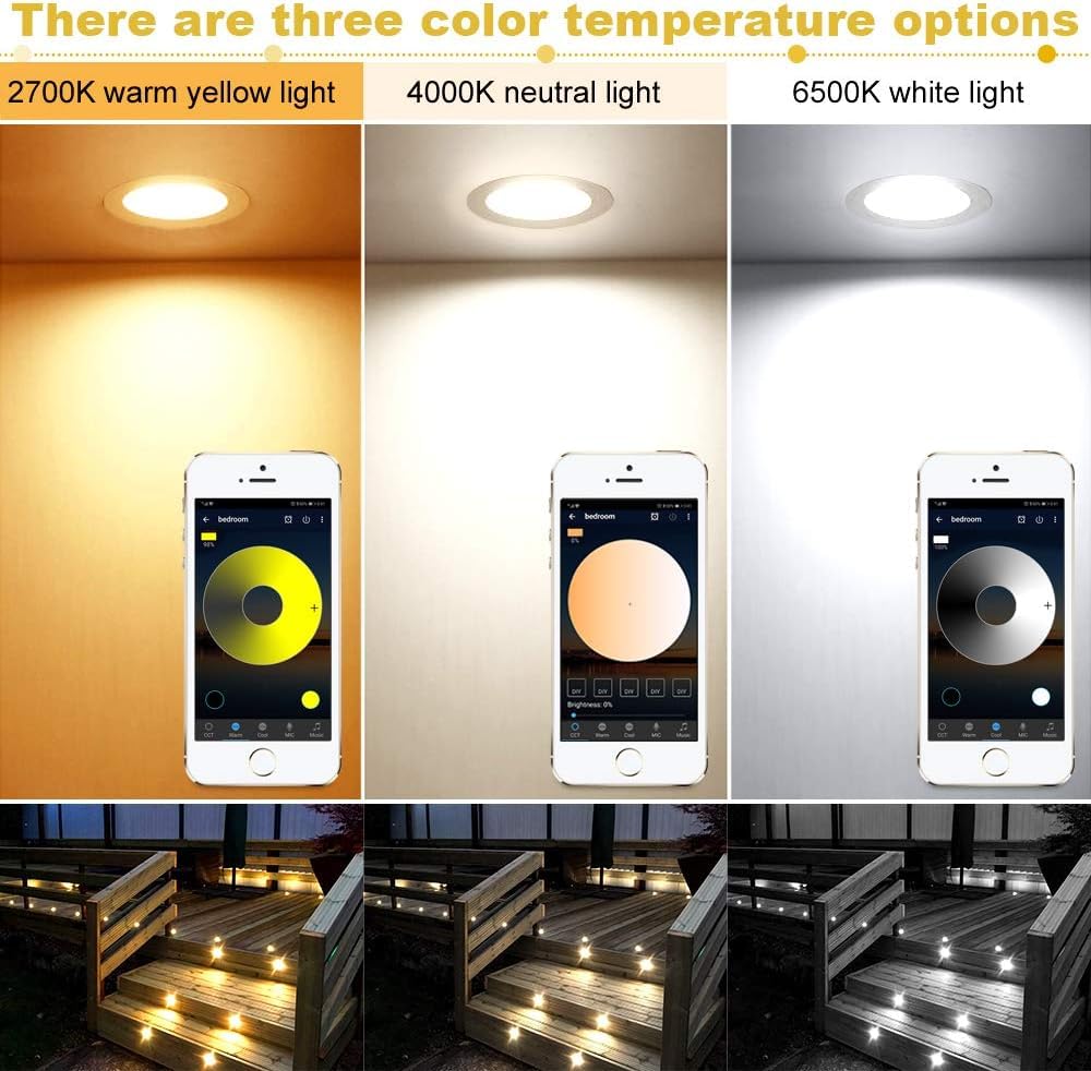 Juego de 6 focos LED empotrables con Bluetooth, 1 W, blanco cálido, blanco frío, 3 en 1, 3000 K-6000 K, diámetro de 45 mm, IP67, resistente al agua, foco LED empotrable para exteriores, función