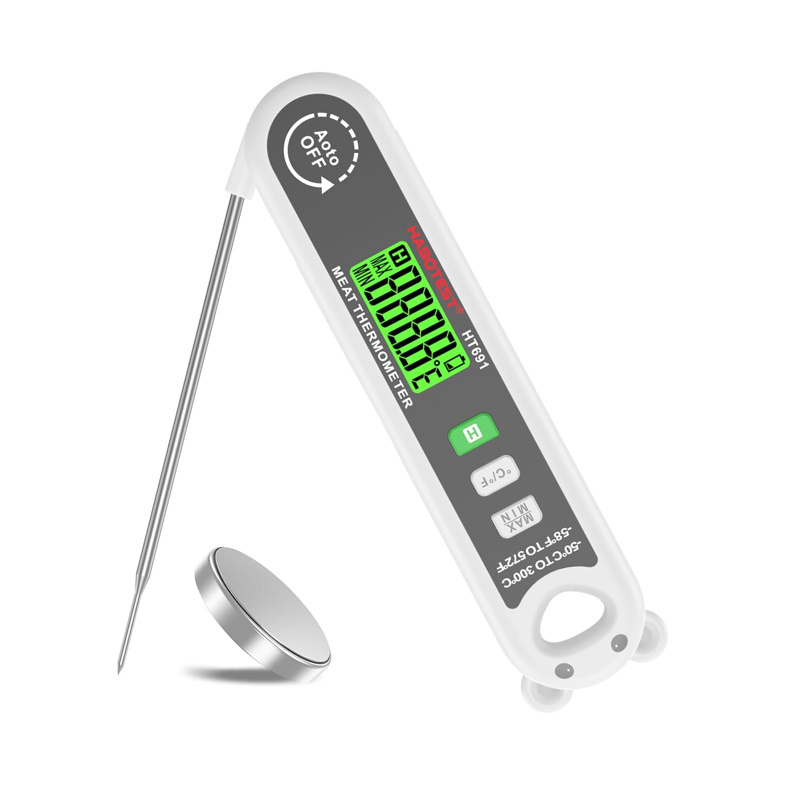 HABOTEST HT691 Digital Meat Thermometer showing its components and features like rapid measurement, 304 stainless steel probe, and ABS material.