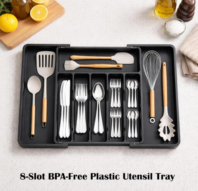 Image of Expandable Kitchen Drawer Organizer, 8-Slot BPA-Free Plastic Utensil Tray, Adjustable Flatware and Cutlery Holder for Spoons, Forks, and Knives, Kitchen Storage and Organization, Black
