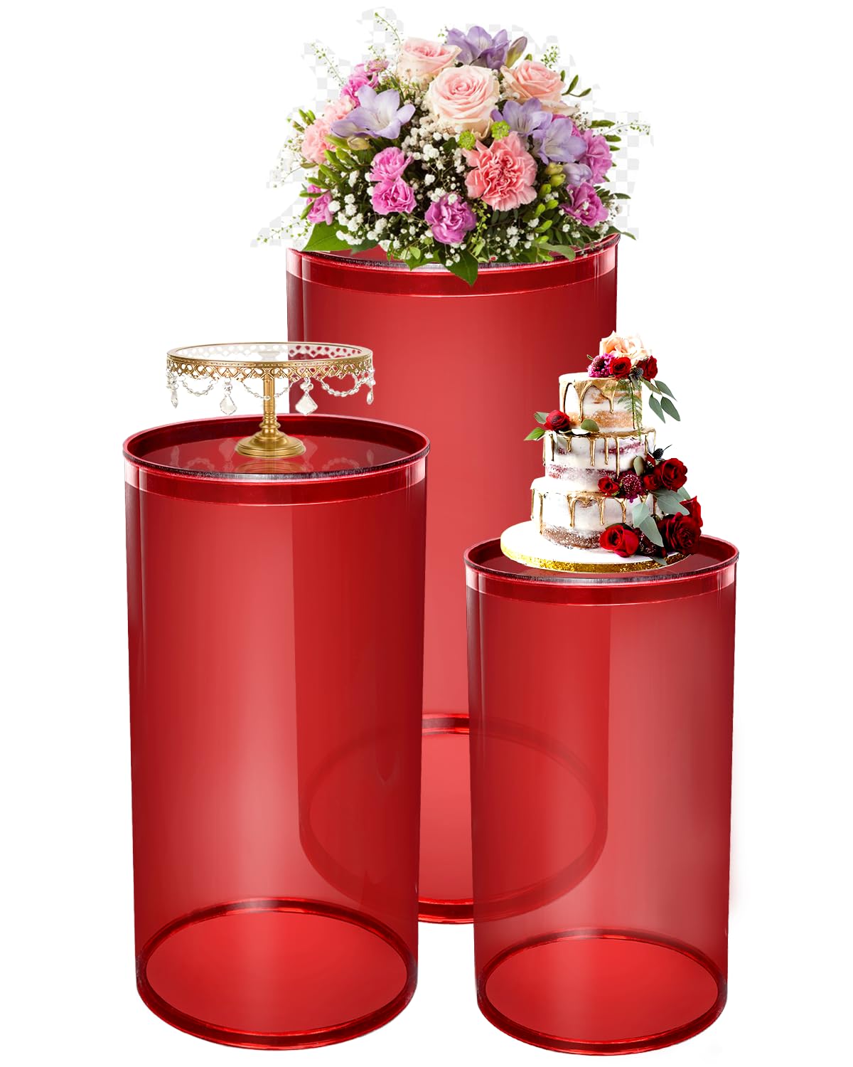 GALAGLAM Cylinder Pedestal Stand Transparent Neon Red, 3 PCS Heavy Duty Round Cylinder Stands Display for Party Weddings Baby Shower Birthday Patio Decor