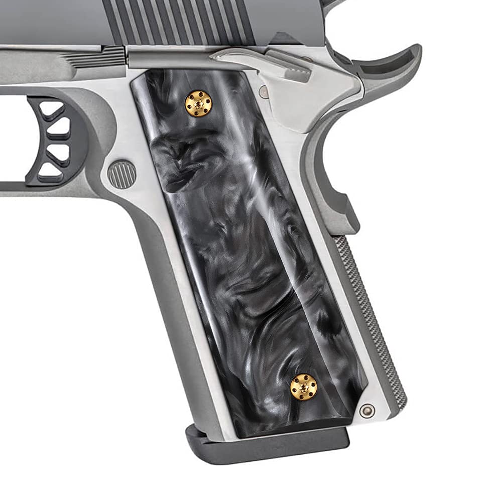 Cool Hand 1911 Grips, Full Size Government Commander, High Polished Synthetic Black/White Pearl, Screws Included, Ambi Safety Cut