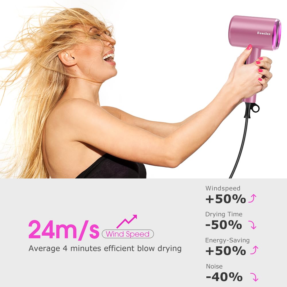 Haartrockner Ionen 2400W Föhn Fön mit 3 Aufsätze &Reisebeutel&Halter, Rosa | Föhn Fön Schnelltrocknen [leicht & kompakt] Profi Reisefön mit Heiß-/Kalttaste, 3 Heiz,3 Geschwindigkeiten / Salon Haarföhn