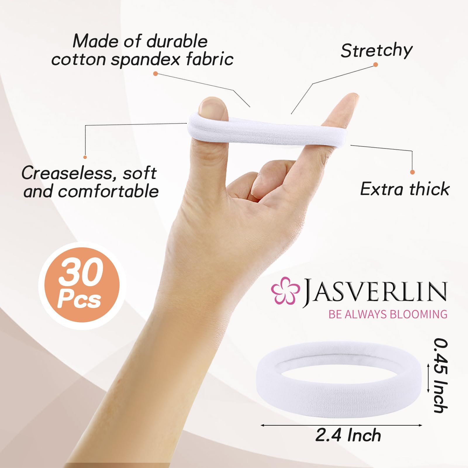 JASVERLIN White Large Seamless Cotton Hair Ties, Soft Fabric Hair Bands for Women’s Braided Thick Thin Curly - Image 2