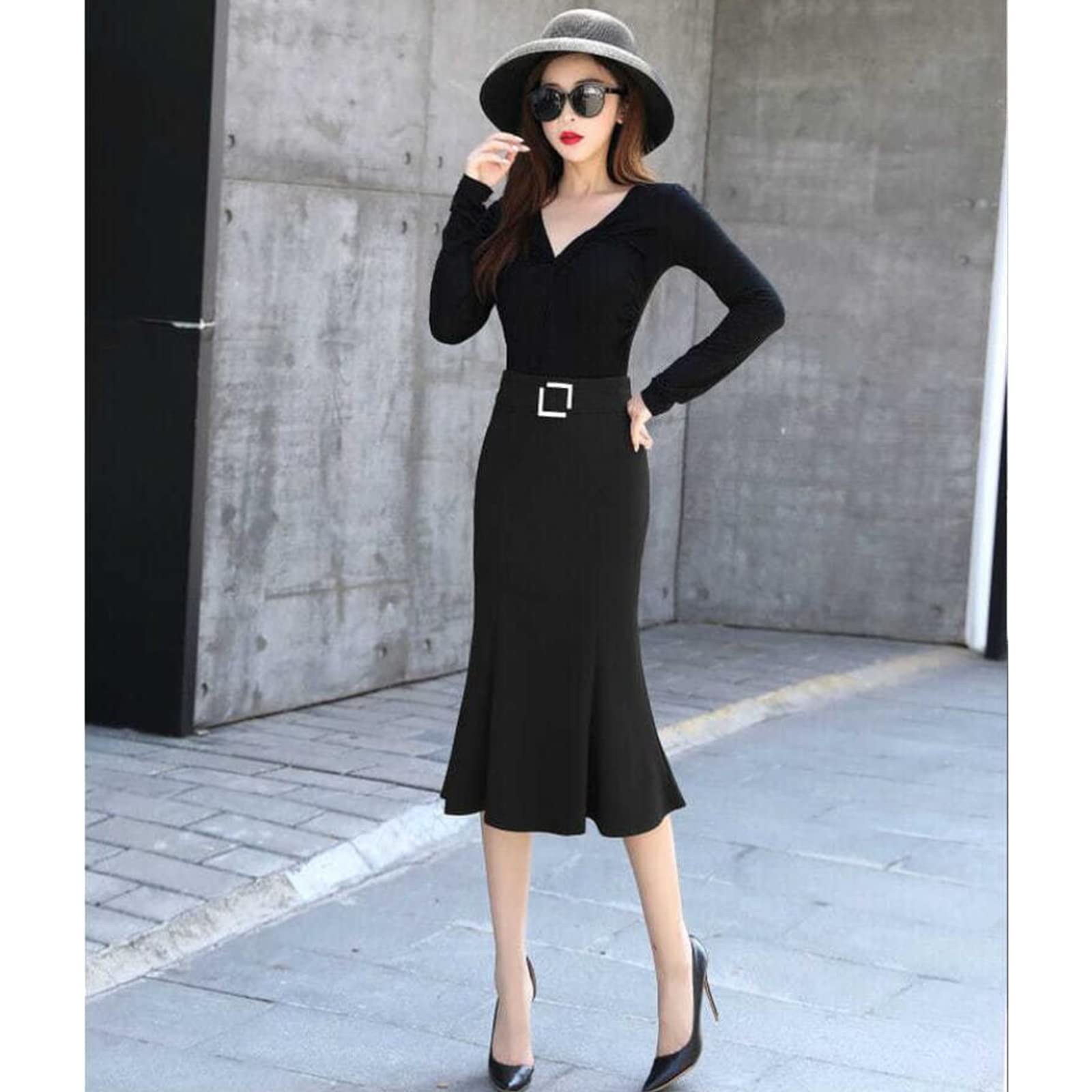 Falda larga de verano para mujer, cintura alta, ropa de oficina, color sólido, falda de sirena para mujer, casual, longitud hasta la rodilla, faldas de trompeta