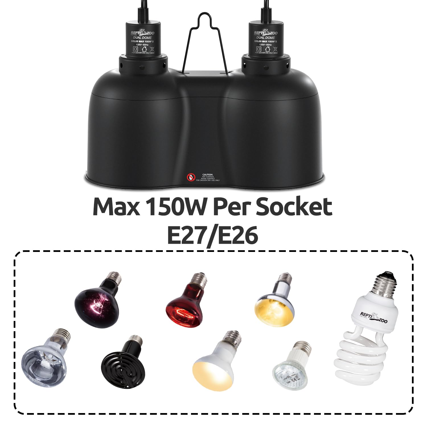 REPTI ZOO Dual Reptile Light Fixture, Max 150W Dual Dome Heat Lamp Fixture with Independent Switches Reptile Tank Accessories UVB Light Fixture (Bulb Not Included) - image 4