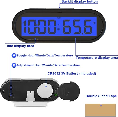 Miniatura 3 de Reloj de automóvil y temperatura con retroiluminación azul Fahrenheit, pequeño reloj electrónico para tablero de instrumentos, retroiluminación LCD