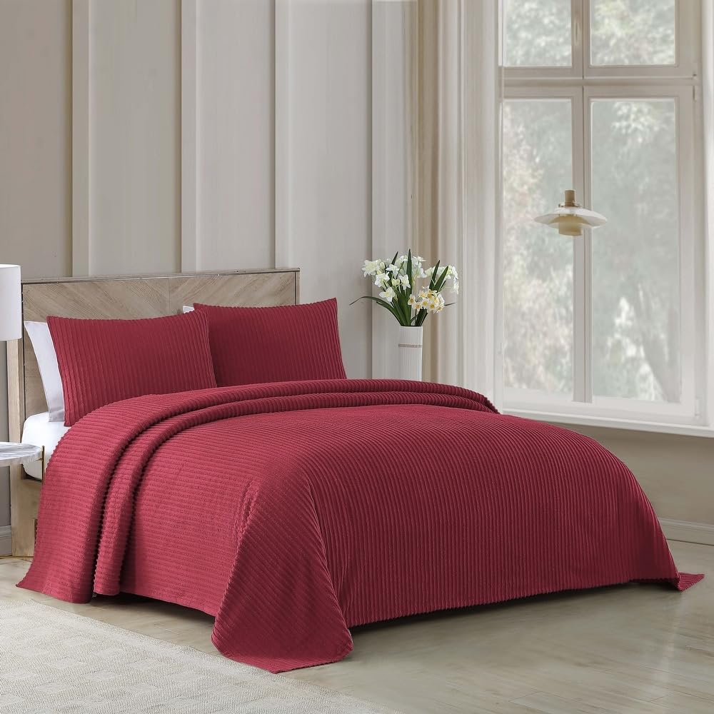 1 Piece Lightweight 100% Cotton Tufted Chenille Bedspread Queen Size Textured Channel Stripe Design | All Seasons Burgundy Maroon Color Shabby Chic Bedding Western Aesthetic Look Soft Plush Cozy