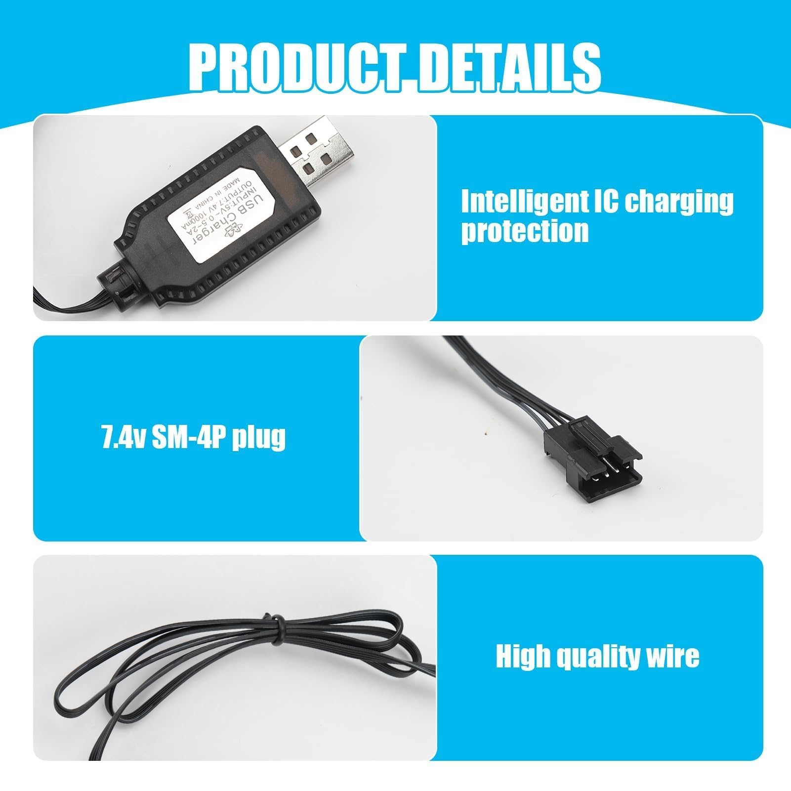 2x RC Ladekabel 7,4V Mit SM-3P Stecker - USB Ladegerät Für LiPo Akkus