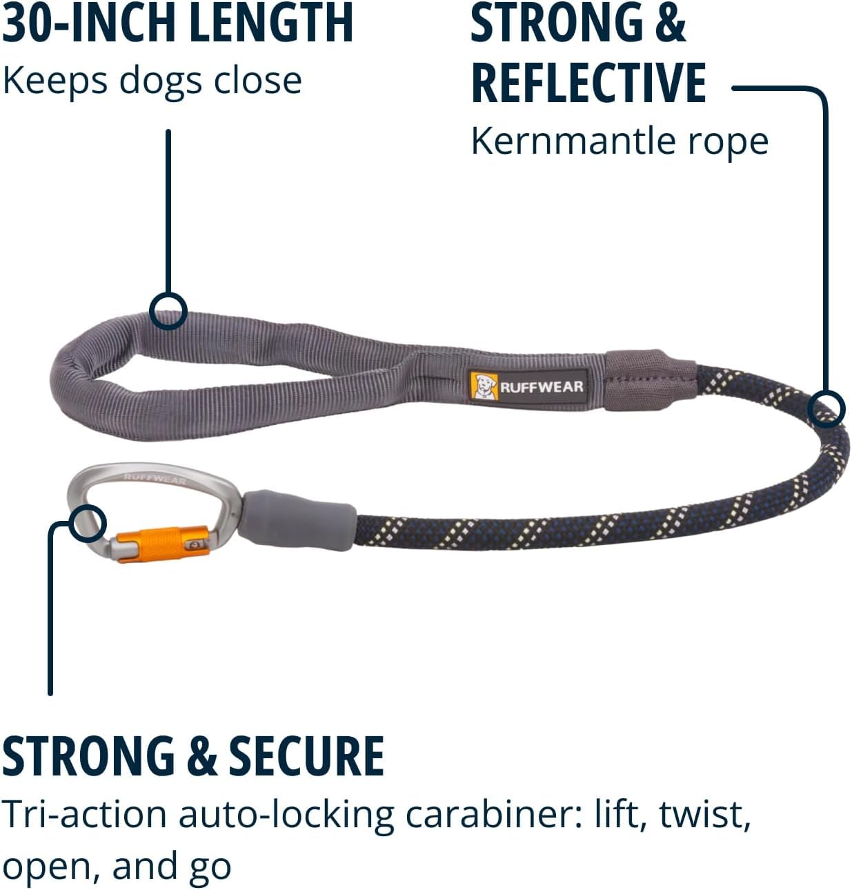 RUFFWEAR Knot-a-Long Kurze Hundeleine, kein Ziehen, 0,7 m Lange Hundeleine mit gepolstertem Griff, leichte und robuste Hundeleine, Anti-Tangle- und Anti-Pull-Hundetrainingsleine, Obsidianschwarz