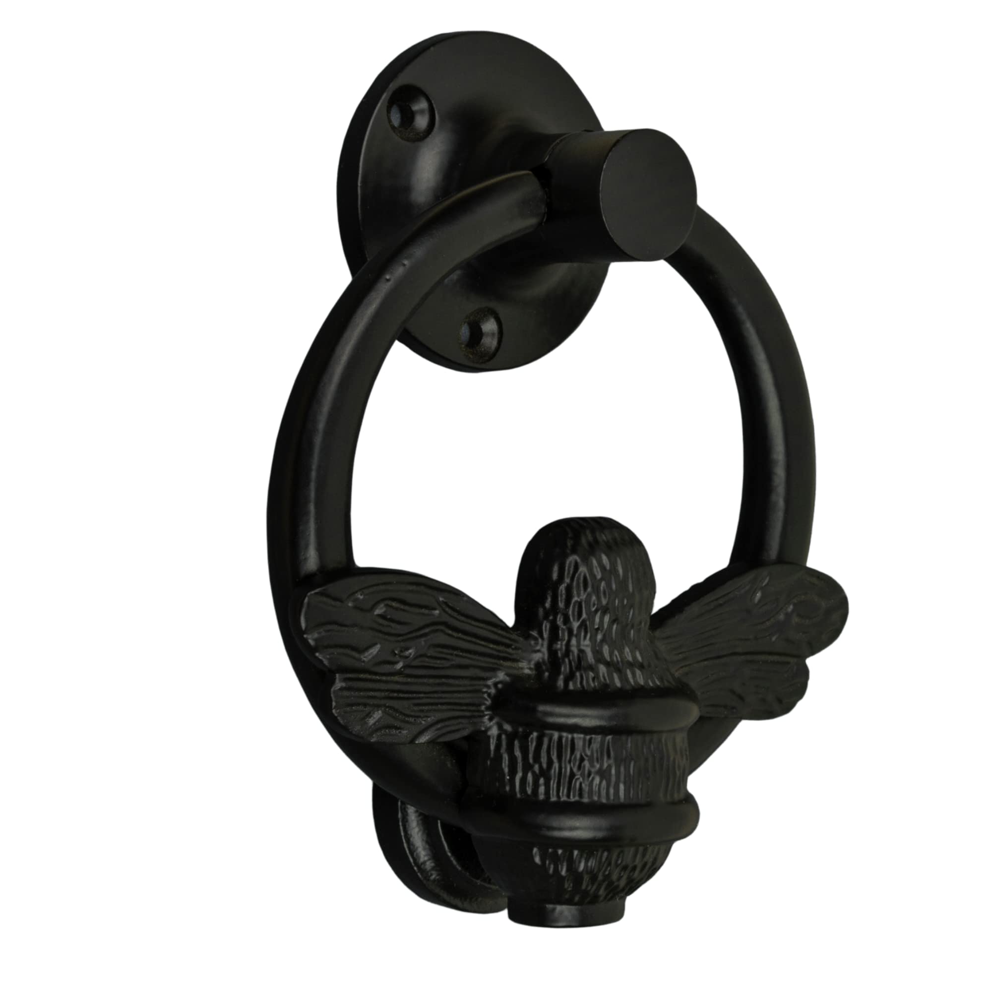 Black Bee Door Knocker for Front Door | Polished Solid Brass Bee Ring | Black Knockers with Strike Plate | UPVC | Bumblebee Front Door Furniture with a Unique Design