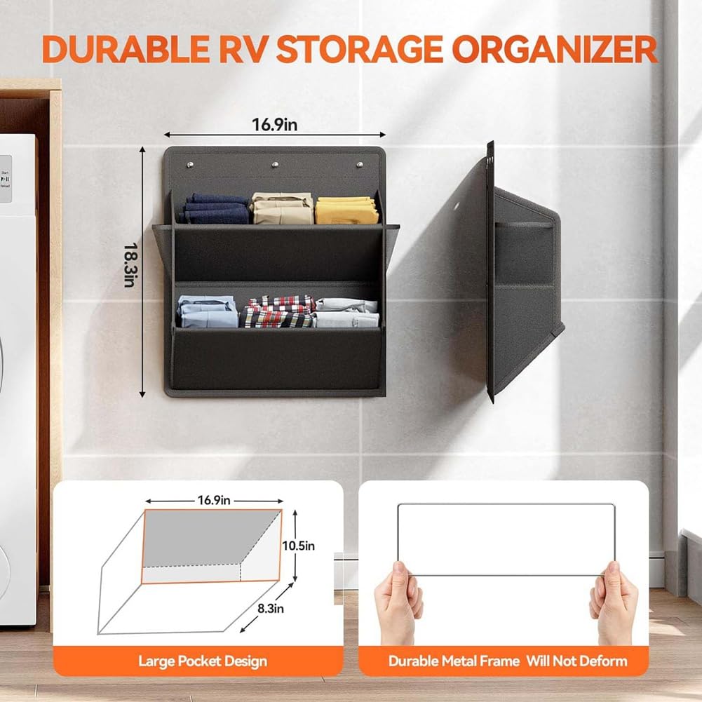 Zapatero colgante para caravana – Zapatero de 2 puertas con tiras adhesivas para montar en la pared, solución de almacenamiento de zapatos negra perfecta para ahorrar espacio en campistas