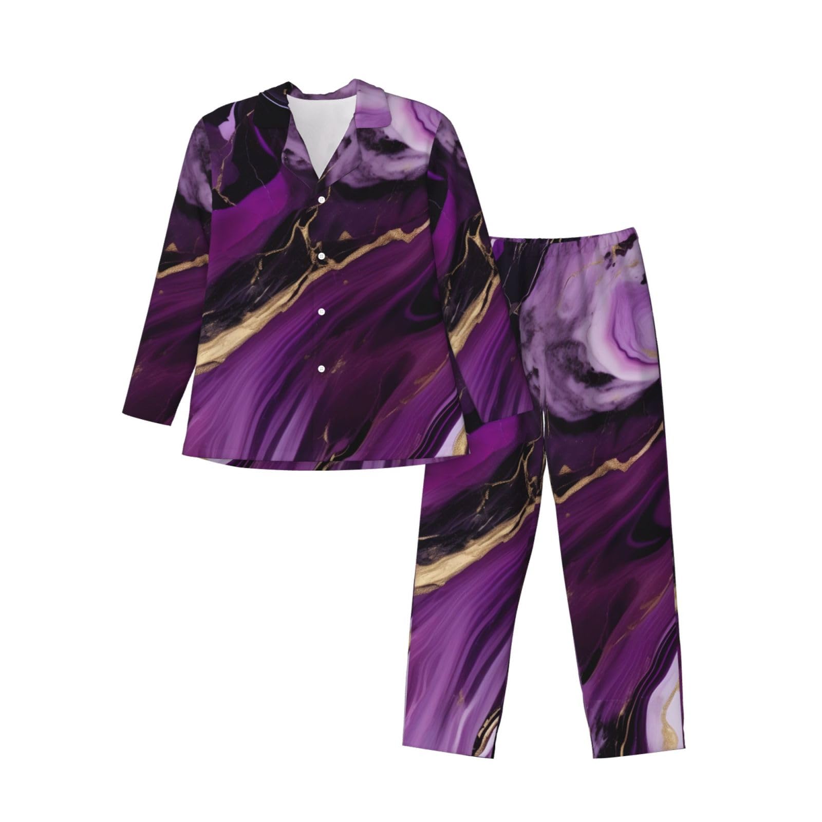 Set pigiama a maniche lunghe da uomo in marmo con texture viola scuro 1 stampa set pigiama da notte in due pezzi abbigliamento da notte traspirante