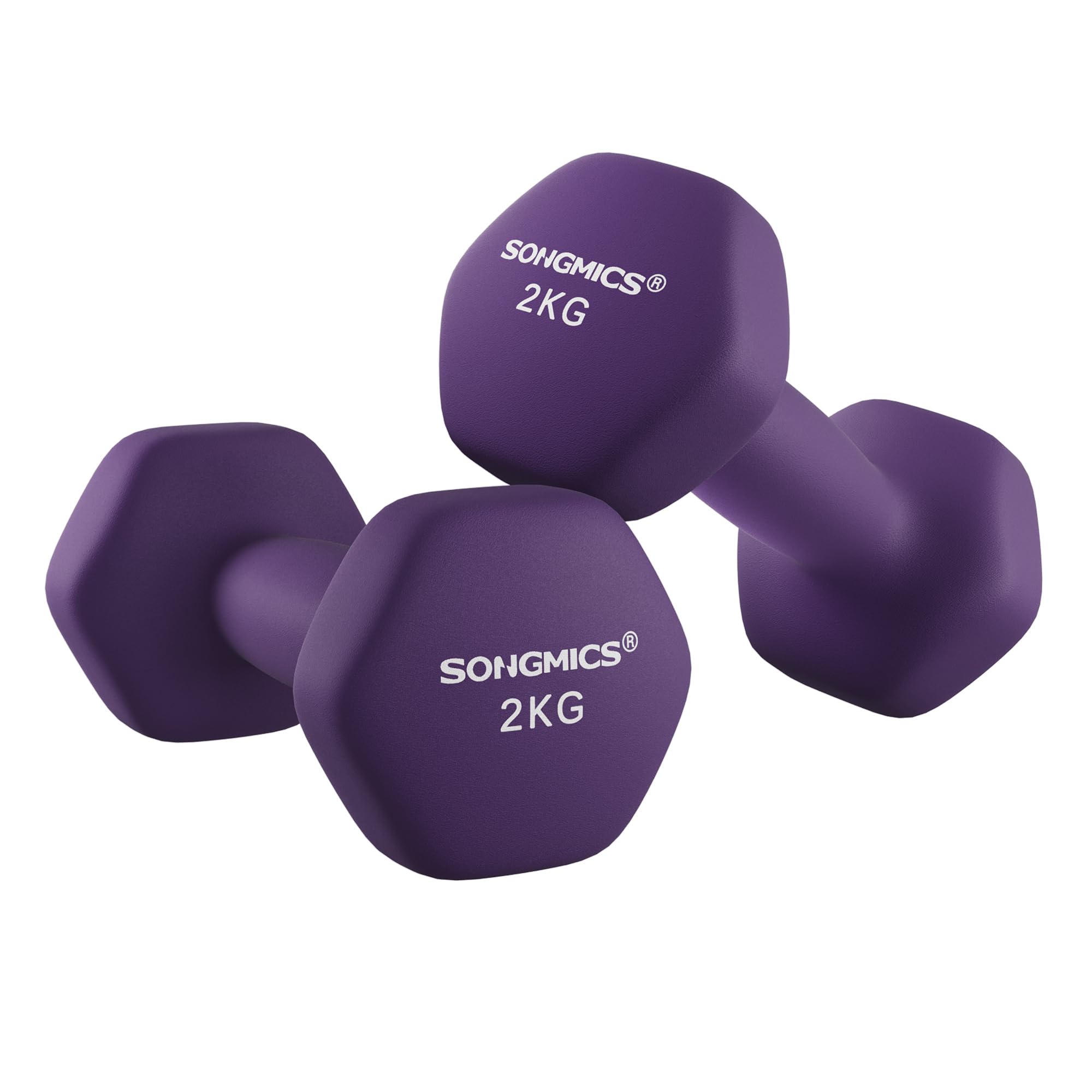 SONGMICS Juego de 2 mancuernas, mancuernas hexagonales, revestimiento de neopreno, entrenamiento de fuerza, entrenamiento, fitness, para casa - 2 x 2 kg, Violeta Ceniza