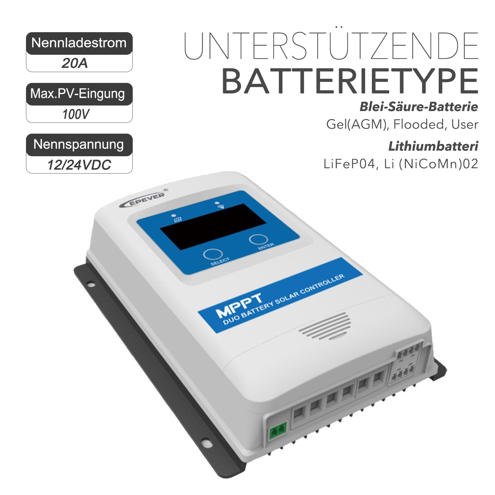 EPEVER® MPPT DuoRacer 20A Laderegler solar charge controller DR2210N für 2 Batterien, 12V/24V auto work, PV 100V (DR2210N)