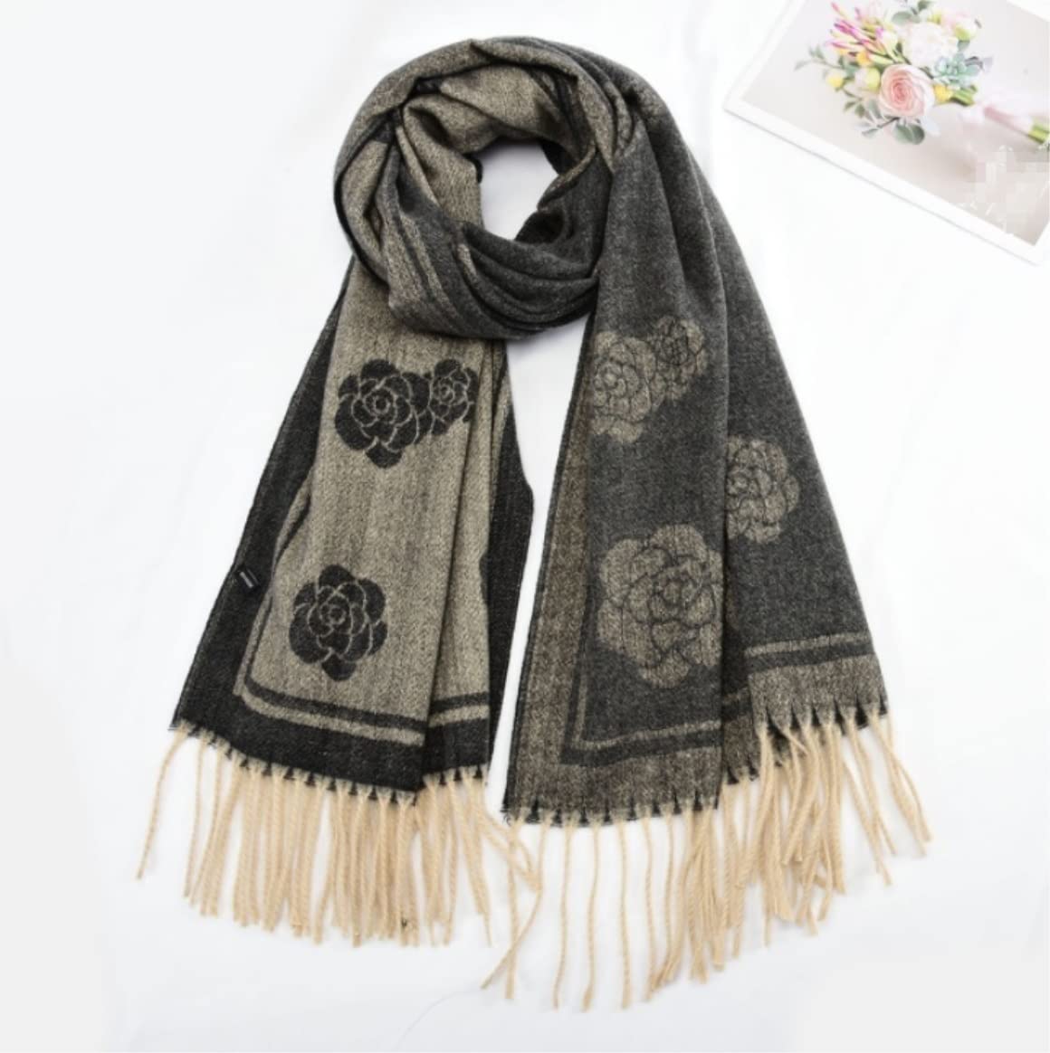 Sciarpa Calda Sciarpa Invernale da Donna con Motivo Floreale, Versatile, Frange per La Vita Quotidiana(Black)