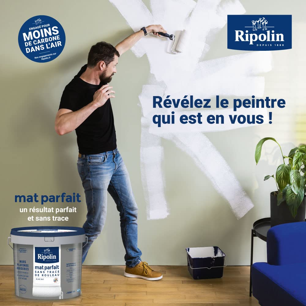 RIPOLIN Mat Parfait - Peinture intérieure pour Murs & Plafonds - Blancheur Extrême - Sans Trace de Rouleau - Technologie UNILISS - Lessivable - Mat - 2,5L - Blanc