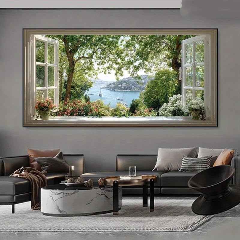 LZMASM Modern Abstract Window to a Garden Scene Canvas Painting - Open Window View with Greenery, Floral Accents - Living Room(70x140cm/ Frameless)