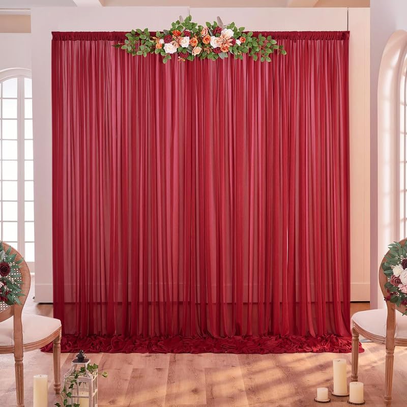 Pack of 2 Chiffon Backdrop Curtains Panels 5 x 7 FT - Apple Red | Sheer Voile Wrinkle-Free Photography Backgrounds Drapes Fabric for Wedding Arch, Ceremony, Stage, Party & Events Decoration