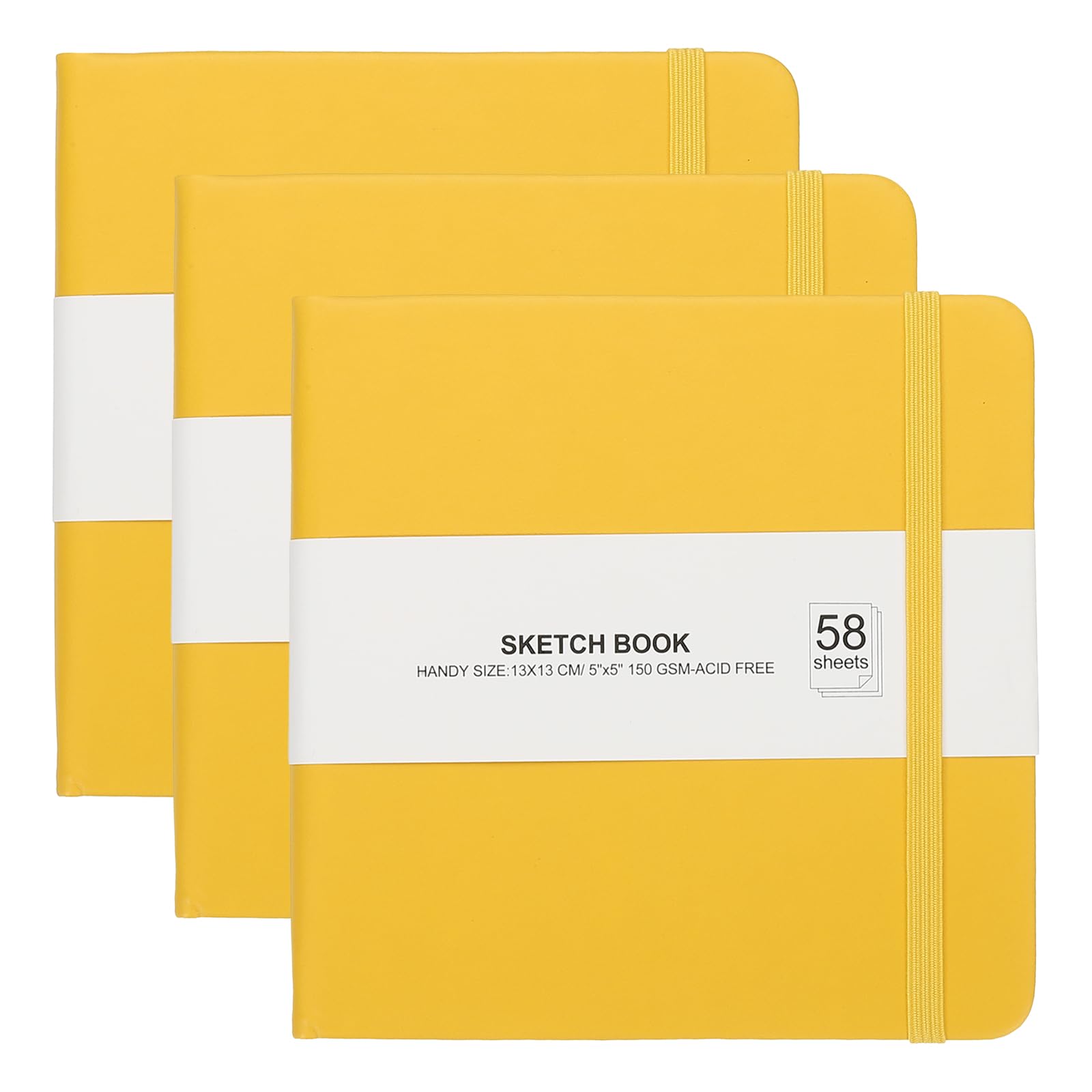PATIKIL 5x5" Hardcover Leather Pocket Sketchbook, 3Pcs 58 Sheets 150GSM/102lb Blank Notebook Travel Journal Sketching Pad for Writing Drawing Painting Artist, Yellow