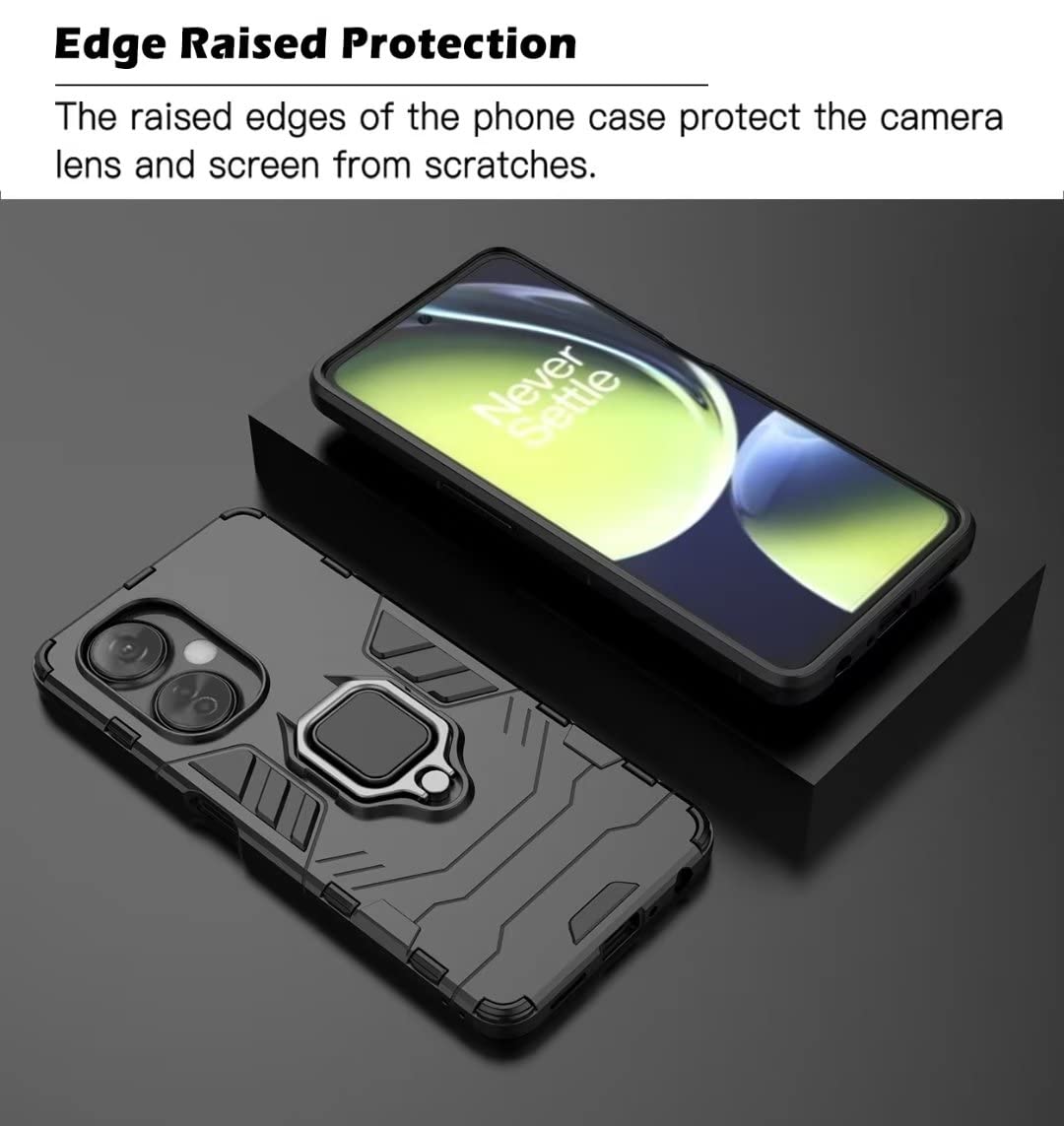 KUSINHOKA Cover Per Oneplus Nord CE 3 Lite 5G Con Staffa Anello + 2 Pellicole Vetro Temperato. Custodia Bumper Antigraffio Con Protezione Fotocamera Scorrevole, Nero