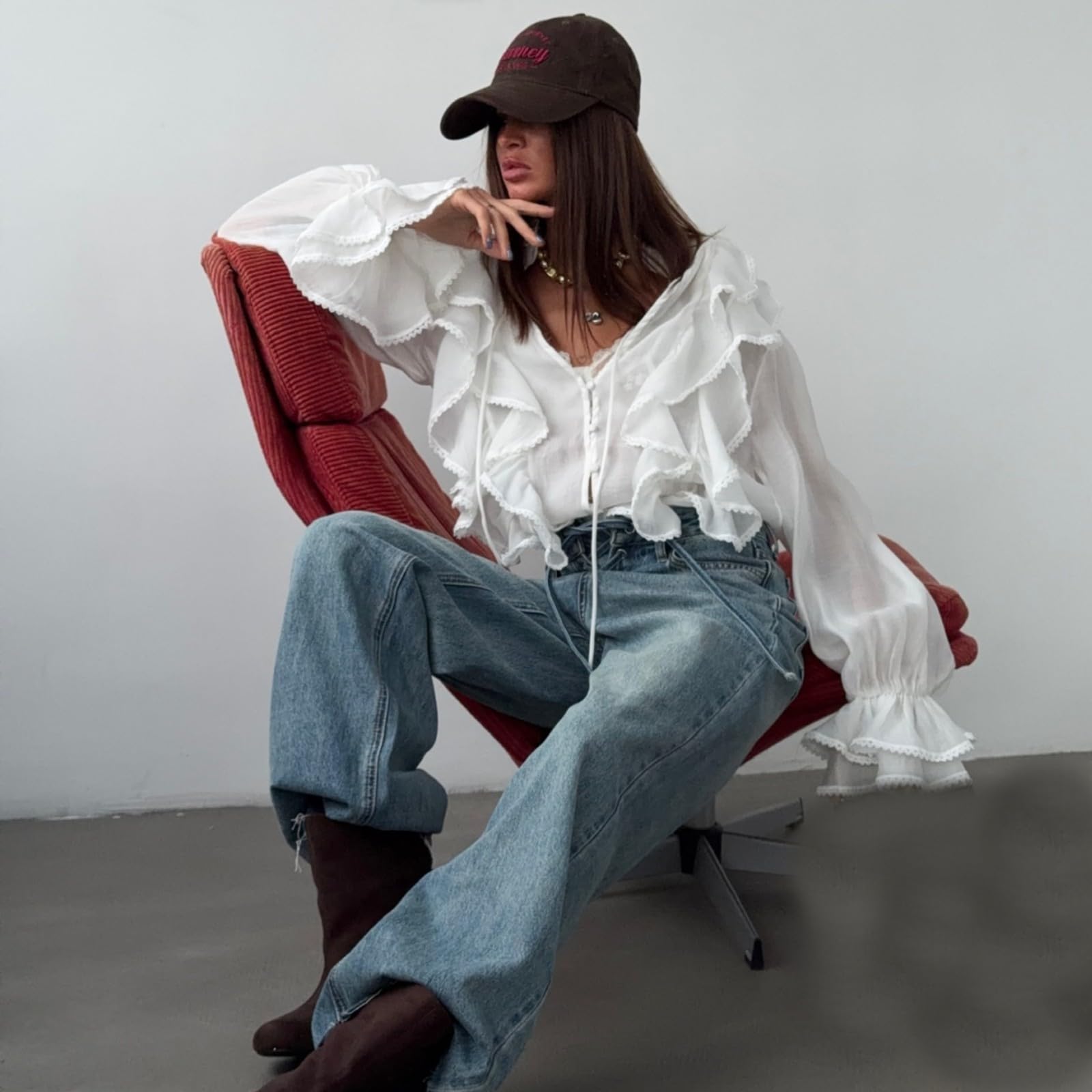 JCVBN - Camicetta da donna con scollo a V e maniche a balze, stile casual, da ufficio, con scollo a V, orlo a volant, maniche a balze, vestibilità comoda, per ufficio e casual, poliestere