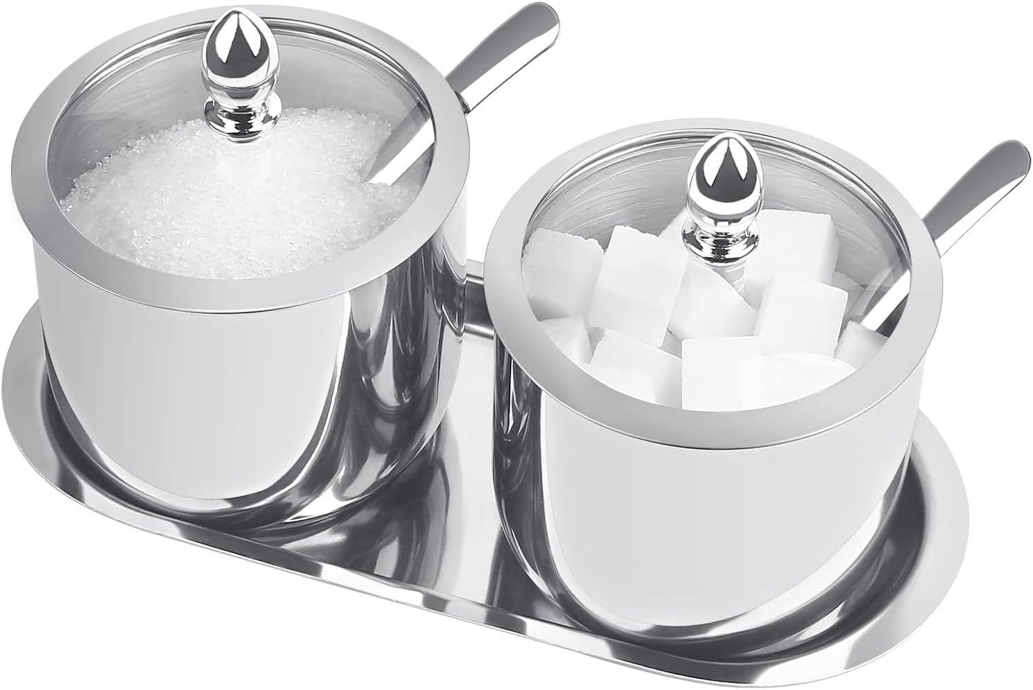 2 Stainless Steel Sugar Bowl with Lid Spoon and Tray, Polished Shiny Sugar Bowl?for serving sugar Suitable for home and kitchen- 12 Oz/ 360m