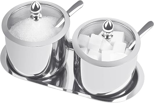 2 Stainless Steel Sugar Bowl with Lid Spoon and Tray, Polished Shiny Sugar Bowl,for serving sugar Suitable for home and kitchen- 12 Oz/ 360m