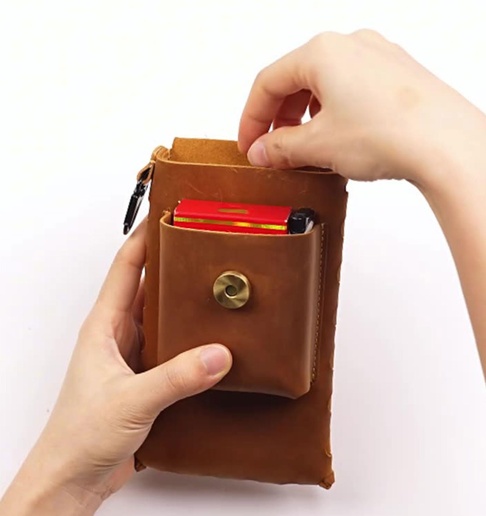 Marsupio mobile da uomo, organizer in pelle con clip in metallo e chiusura magnetica, ideale per attività all'aperto, pesca, caccia, lavori edili, Marrone chiaro
