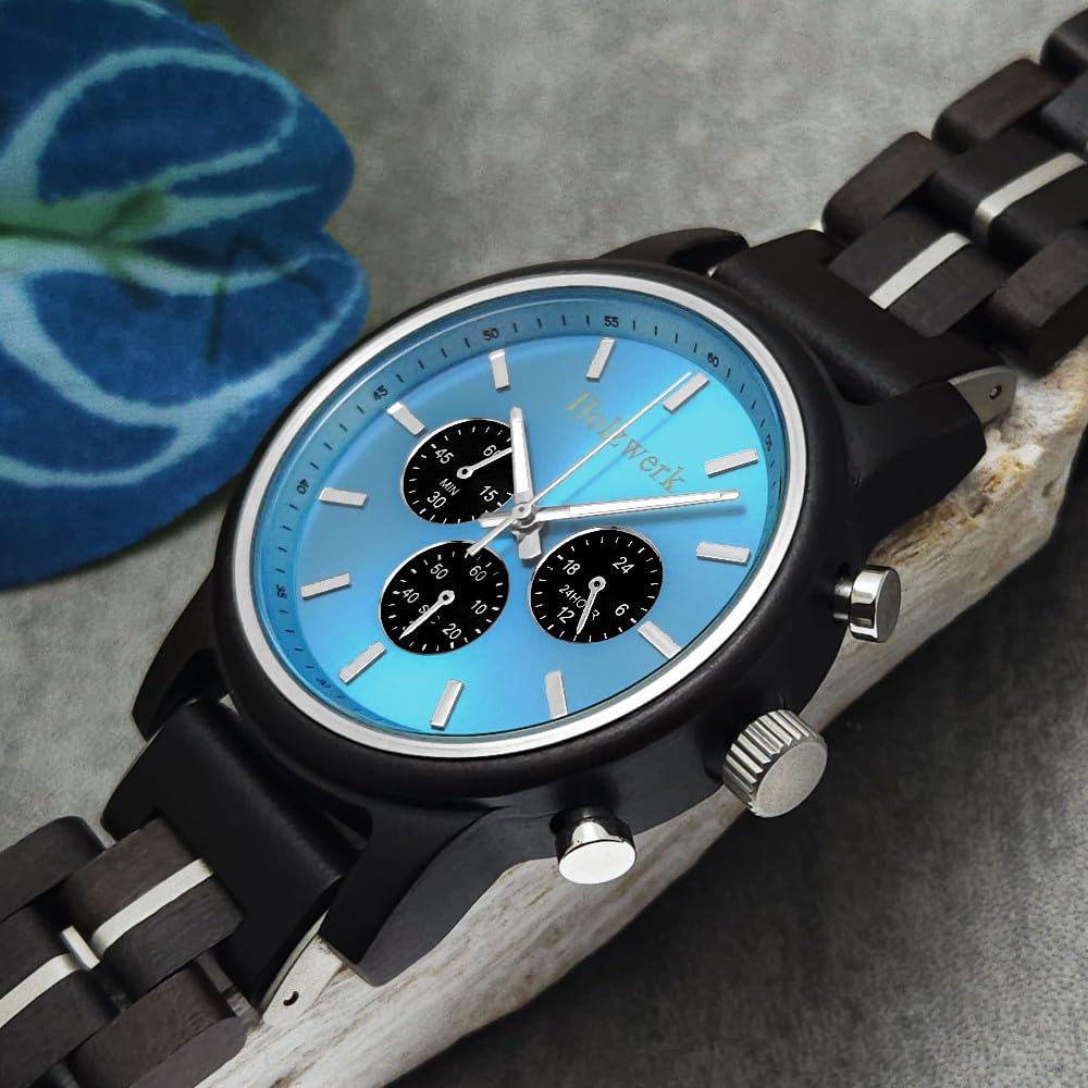 Holzwerk Germany Handgefertigte Designer Herren-Uhr Öko Natur Holz-Uhr Chronograph Armband-Uhr Analog Quarz-Uhr Braun Blau Datum Holz