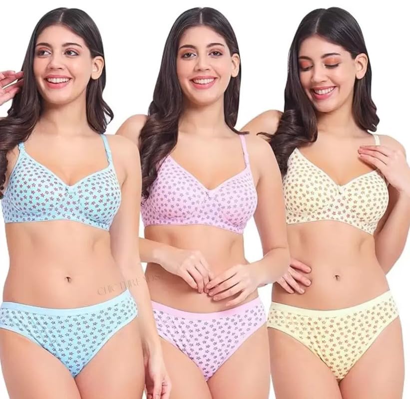 Image of Women's Cotton Full Coverage Lightly Padded Wire Free Sexy Bra Panty Lingerie Set Honeymoon Bikni Set for Girl's Combo Pack of 3