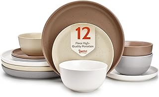 Sweese Dinnerware Sets,12 Pieces Porcelain Round Plates and Bowls Sets, Dishes Set for 4, Chip Scratch Dishwasher Microwave and Oven Safe Dishware Sets, Multi-color