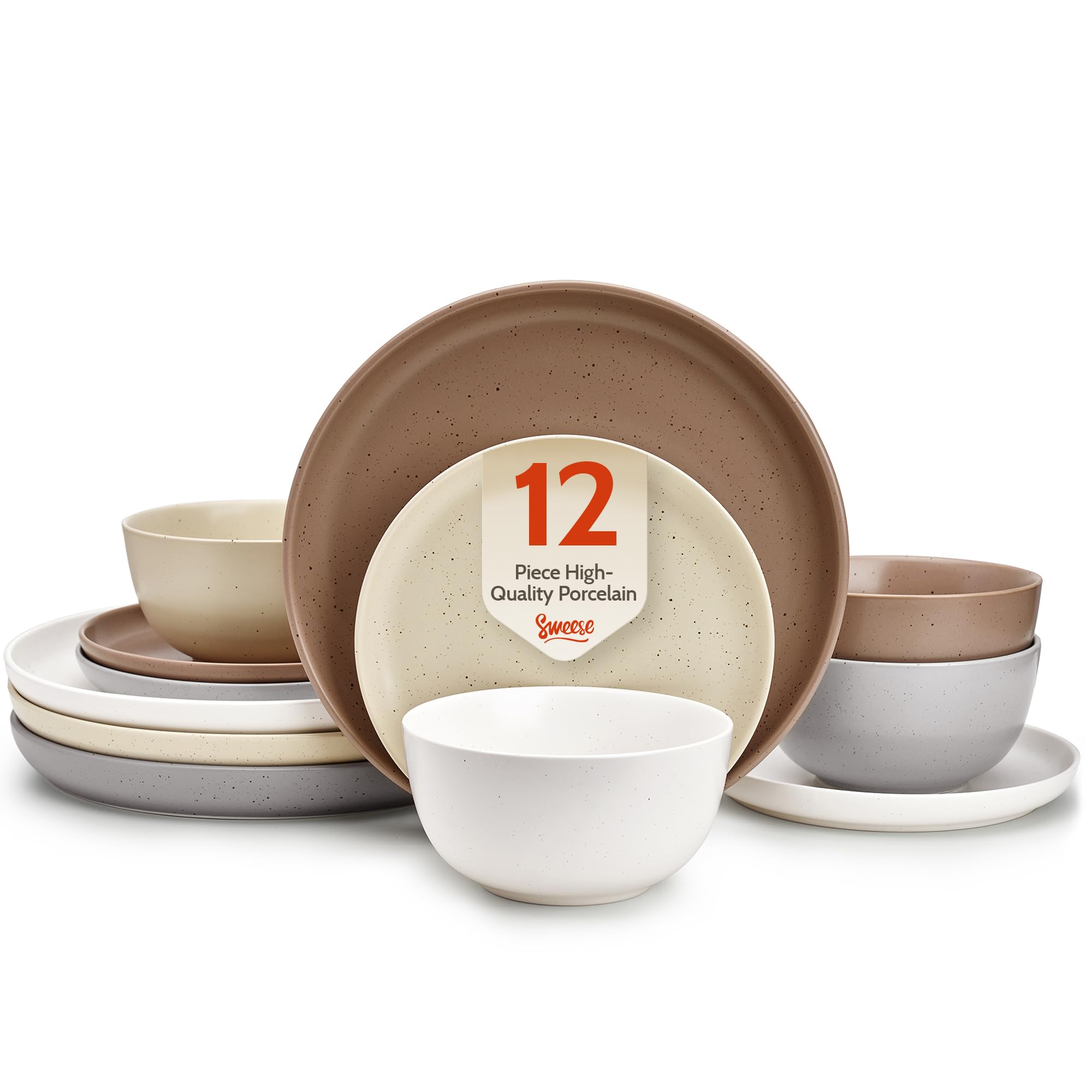 Sweese Dinnerware Sets,12 Pieces Porcelain Round Plates and Bowls Sets, Dishes Set for 4, Chip Scratch Dishwasher Microwave and Oven Safe Dishware Sets, Multi-color