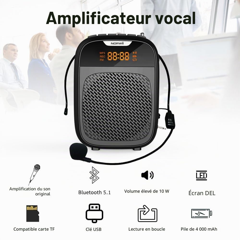 Norwii Mini amplificateur de Voix Portable Rechargeable Bluetooth 4000 mAh avec Microphone avec câble Casque et Ceinture, système PA amplificateur de Voix Personnel pour Enseignants, Guides