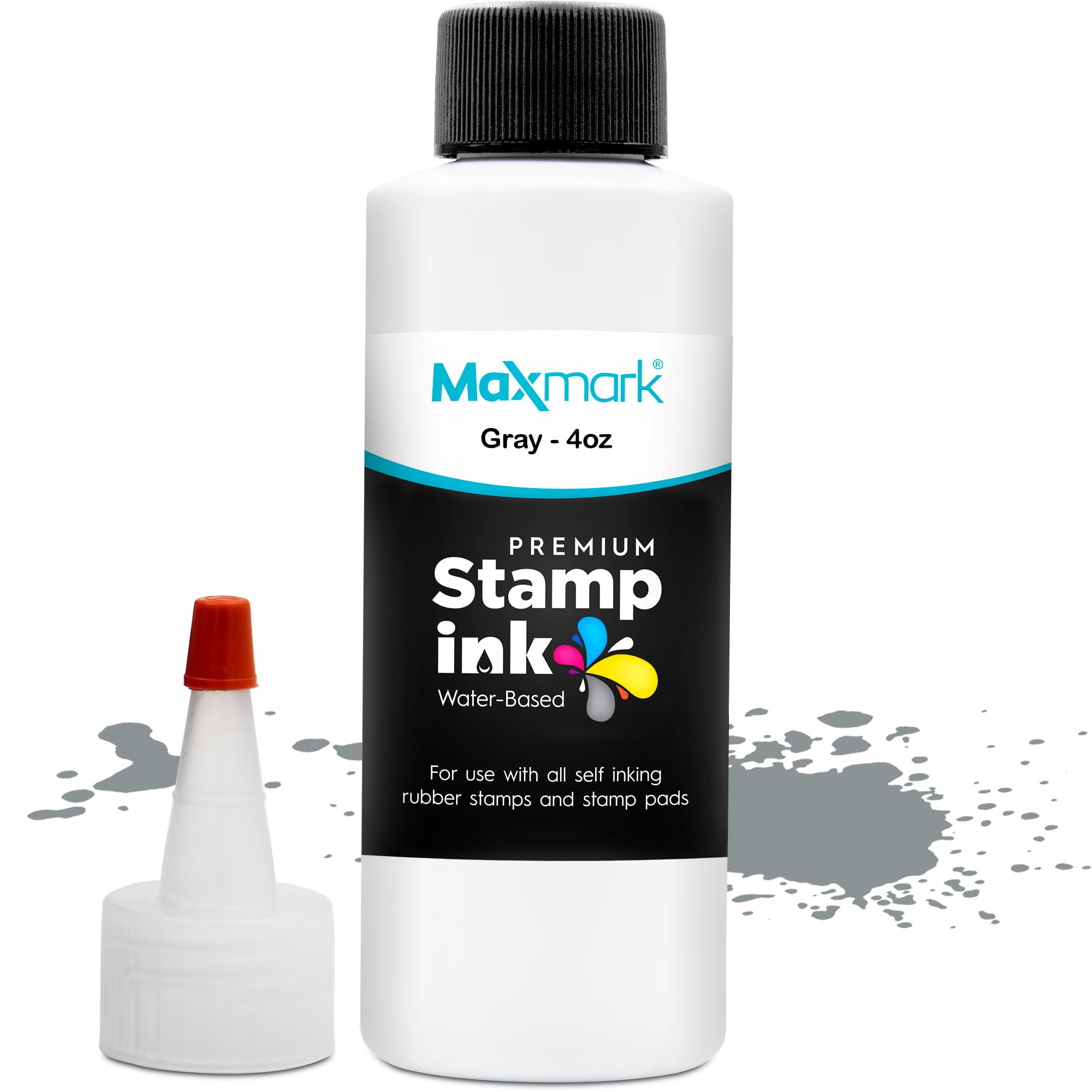 MaxMark Premium Refill Ink with Control Tip Bottle for Self-Inking Stamps, Gray Color - 4 oz.