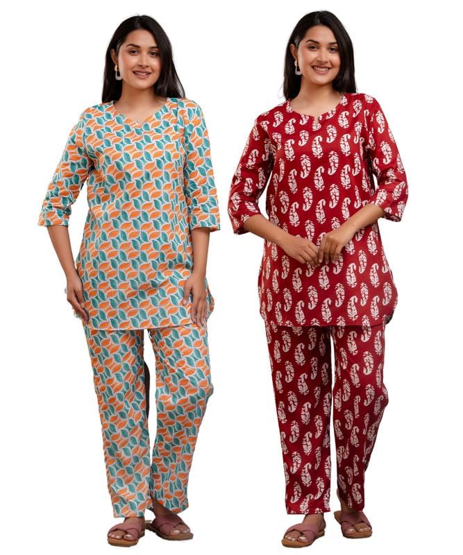 Cotton Printed Night Suit for Women & Girls | Shirt and Pyjama Sleepwear Set | Soft & Comfortable Nightwear Combo Pack (Pack of 2)