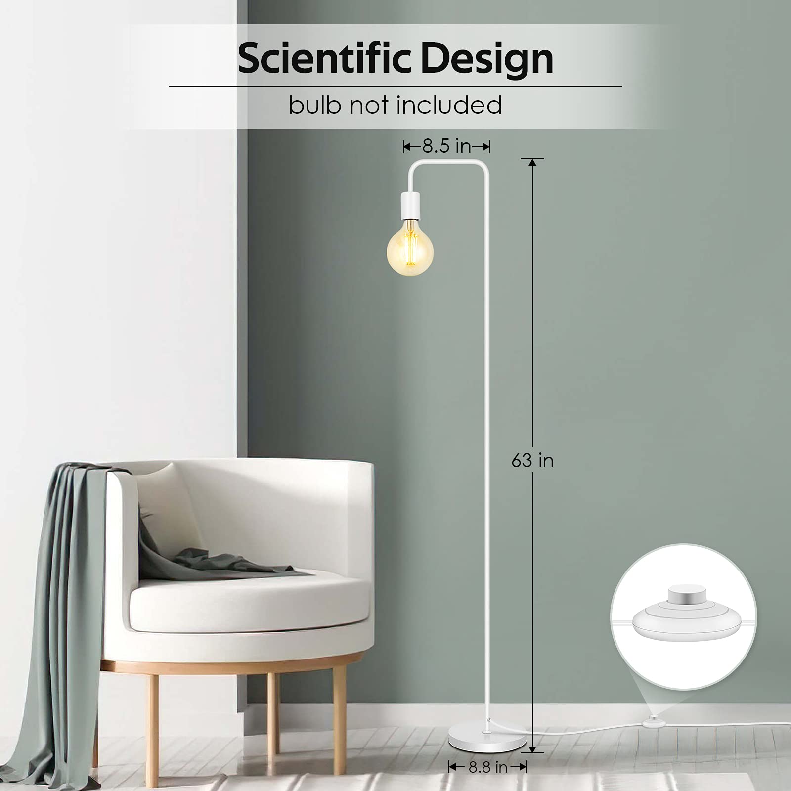 BoostArea Floor Lamp, Industrial Floor Lamp, 63In Standing Lamp, E26 Socket, On/Off Footswitch, Whole Metal, ETL Listed, Modern Floor Lamp for Bedroom, Living Room, Minimalist, Vintage, Mid-Age, White