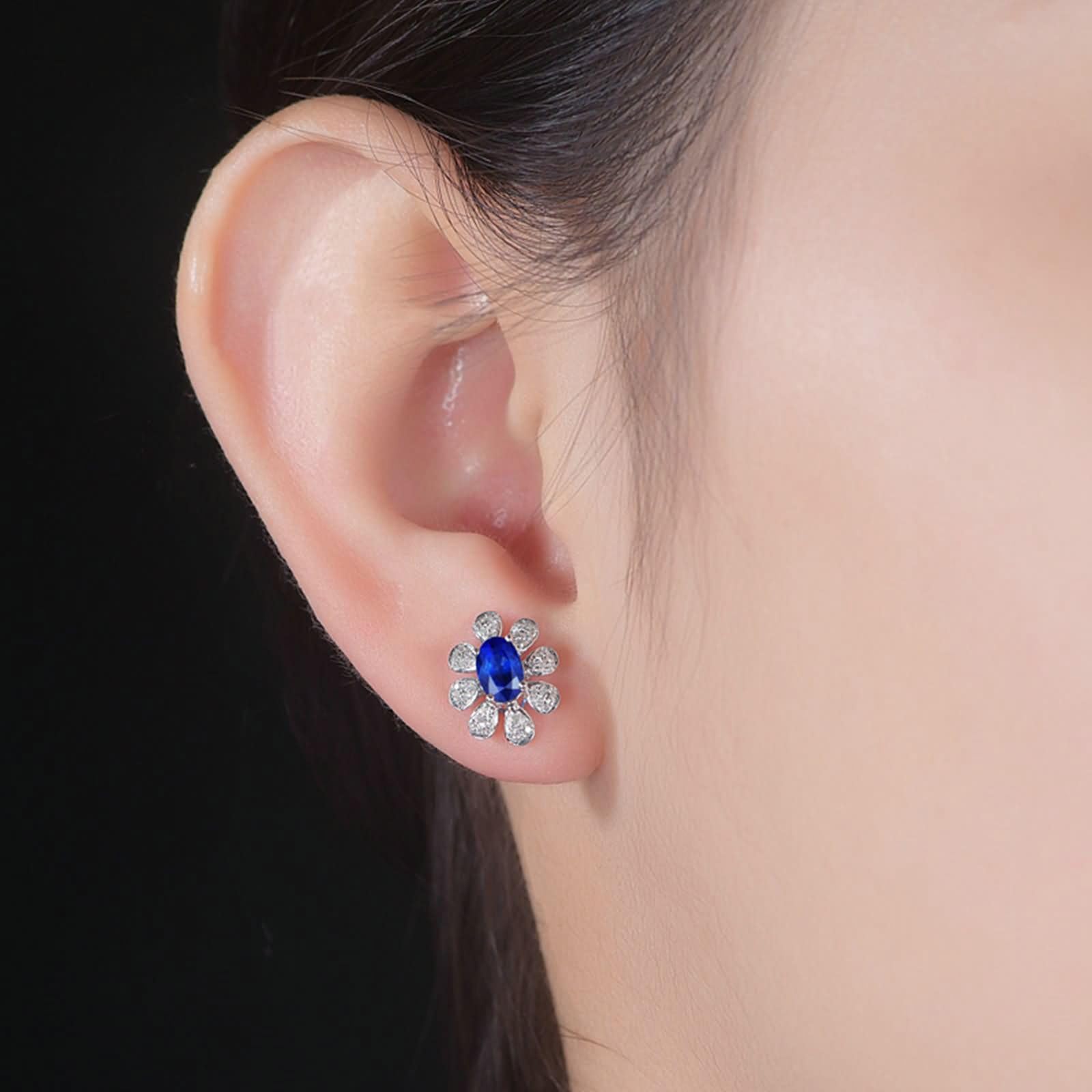 9K / 14K / 18K / 18 Kt Białe Złoto Ślubne Kolczyki Damskie Kwiat Owalny 1,2 CT Szafir Diament Kolczyki Kolczyki Kobiet Niebieski Srebrny