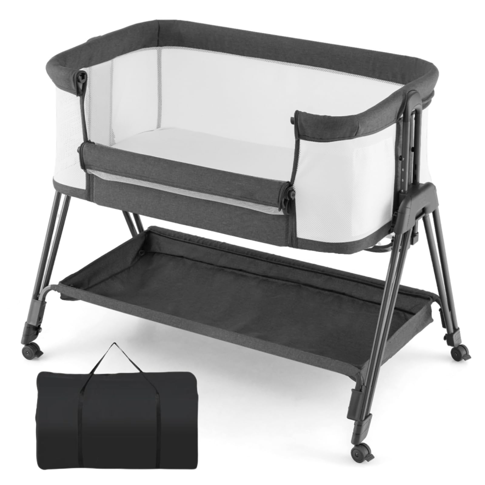 GYMAX Baby Bedside Crib, Foldable Infant Side Cot with Carry Bag, Storage Basket Mattress and Wheels, Height Adjustable Toddler Co-Sleeping Bed (Gray)