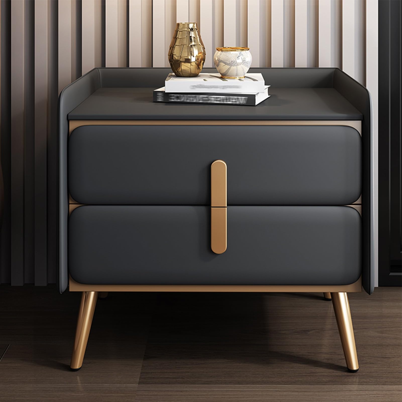 Table de chevet avec pieds bois tiroir cuir nappa bleu 40cm