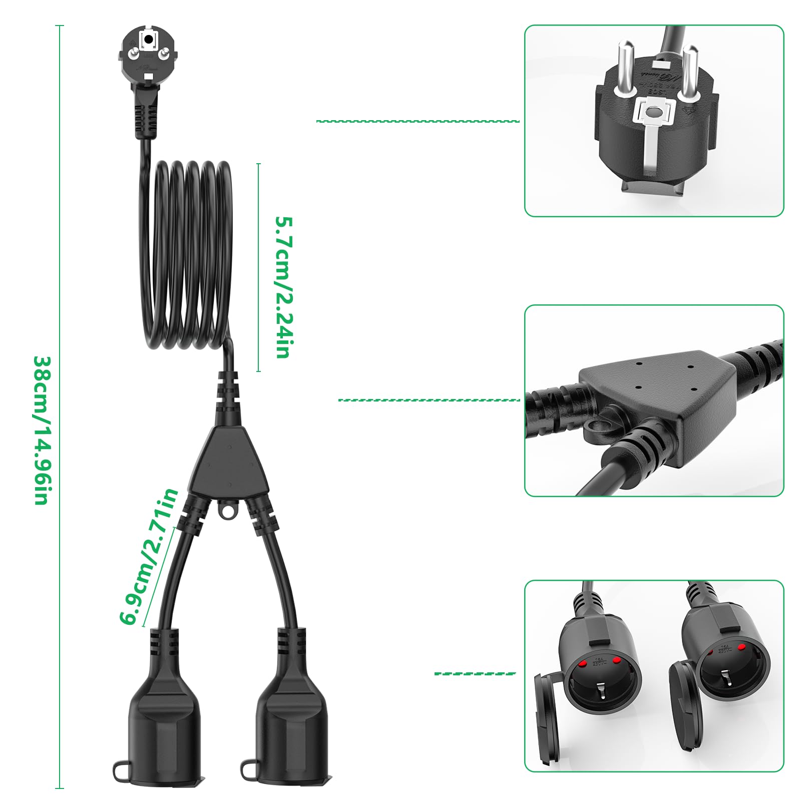 Cavo di prolunga Schuko con 2 prese, IP44, cavo di prolunga impermeabile, prolunga di 5 m, adatto per giardino, officina, cantiere (16 A/250 V, nero)