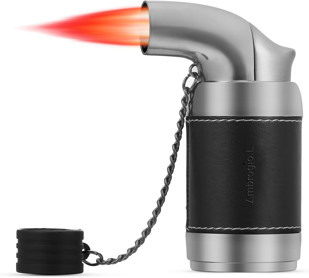 Ambrogio.L Quad Torch Lighter Leather Tabletop Refillable Butane Gas Red Flame Cigar Tobacco Lighter (Black01)