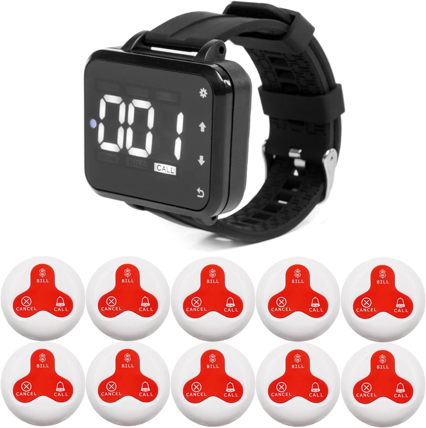 Wireless Calling System Service Pager Vibration Sound Alarm for Restaurant Cafe 1 Wrist Watch 10 Table Call Button for Customer (White-Red 1+10)