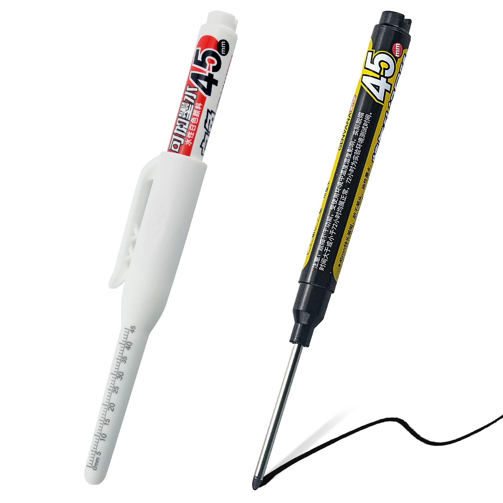 Tieflochmarker, lange Spitze, 45 mm, extra lange Spitze für präzises Markieren, nachfüllbarer, wasserabweisender Baumarker, robuster Tischlerstift für Holzbearbeitung und Sanitär, Weiß, Schwarz, 2